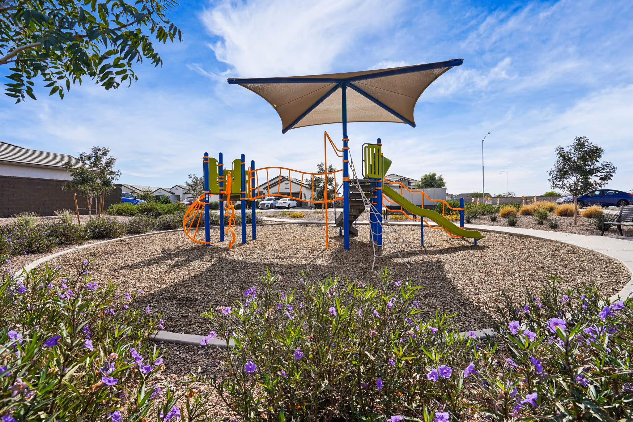 Outdoor park with benches and sidewalk