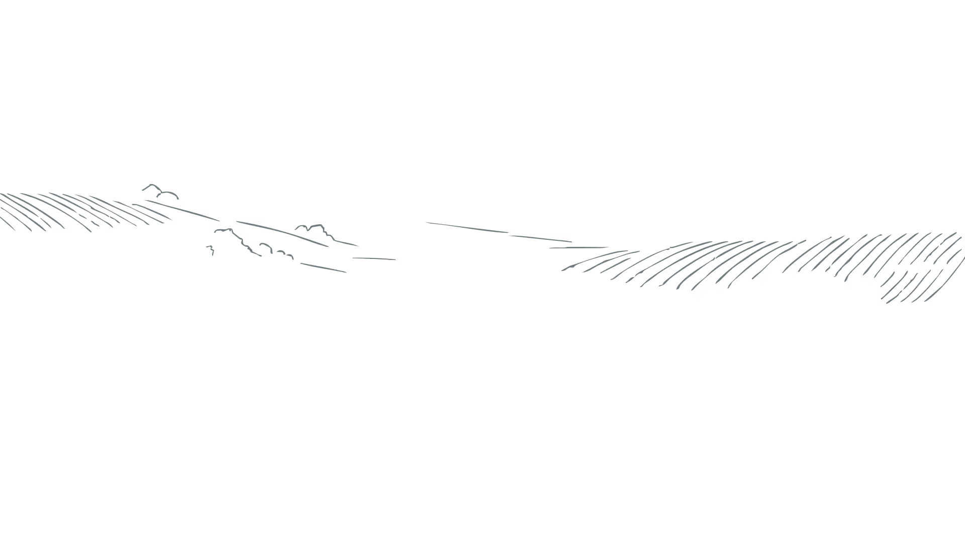 Black and white sketch of a rural landscape with hills, trees, and fields.