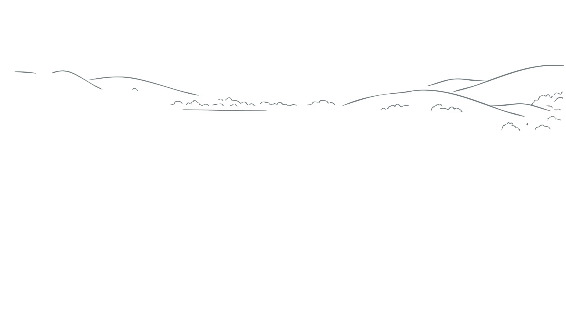 Minimalist black and white line drawing of a landscape with hills and trees.