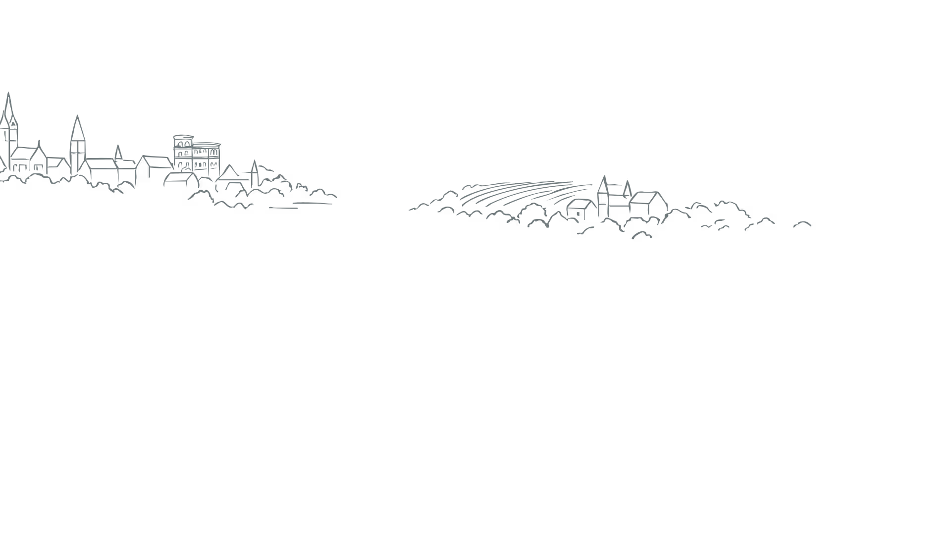Minimalist sketch of a historic town skyline with churches, houses, and vineyard rows.
