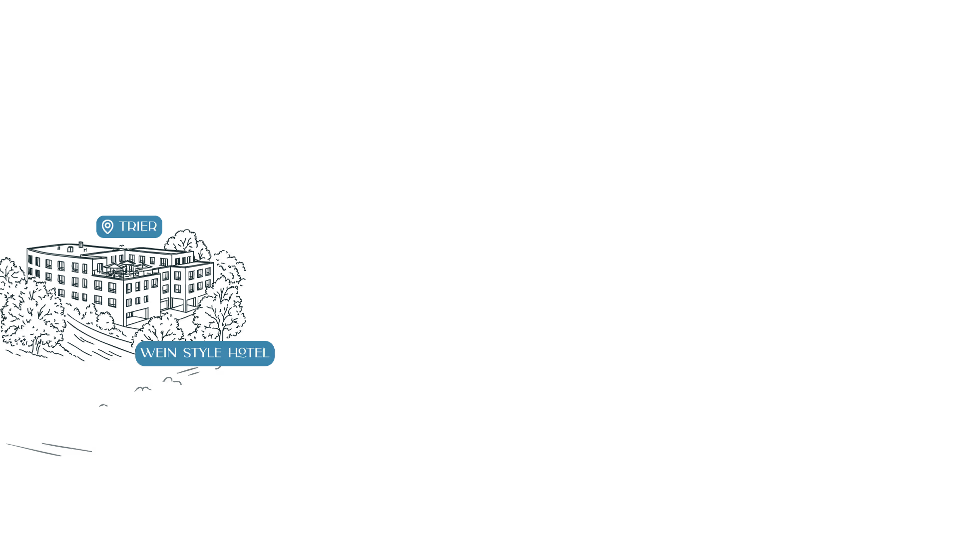 Illustration of Wein Style Hotel building surrounded by trees, labeled with location pin for Trier.