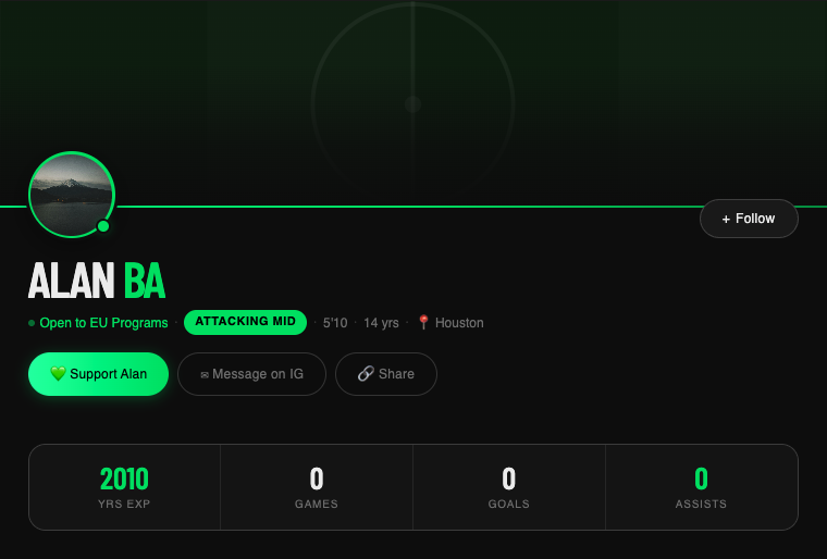 Clubzup soccer player profile showing fundraising goal progress and supporter count