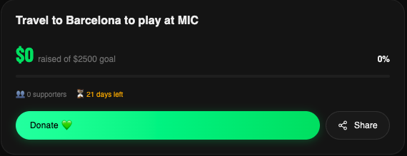 Clubzup player profile showing 100% of donations go directly to the youth soccer player