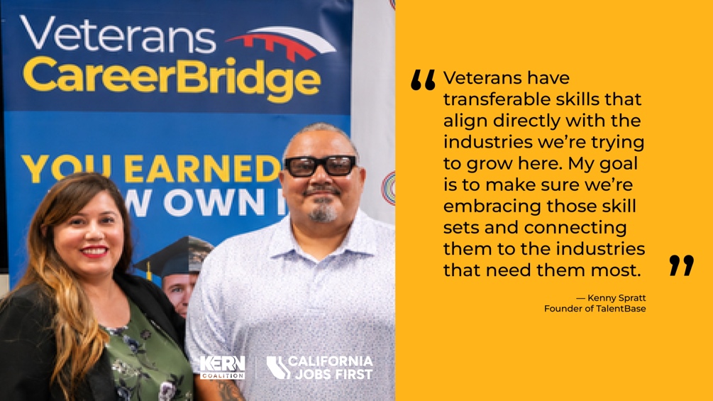 a man and a woman in front of a banner saying Veterans CareerBridge