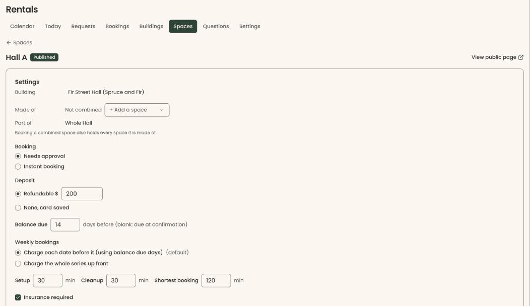 Clerestory's settings for a rental space called Hall A, with approval or instant booking, a refundable deposit or a saved card, the balance due date, how weekly bookings are charged, setup and cleanup time, and insurance required