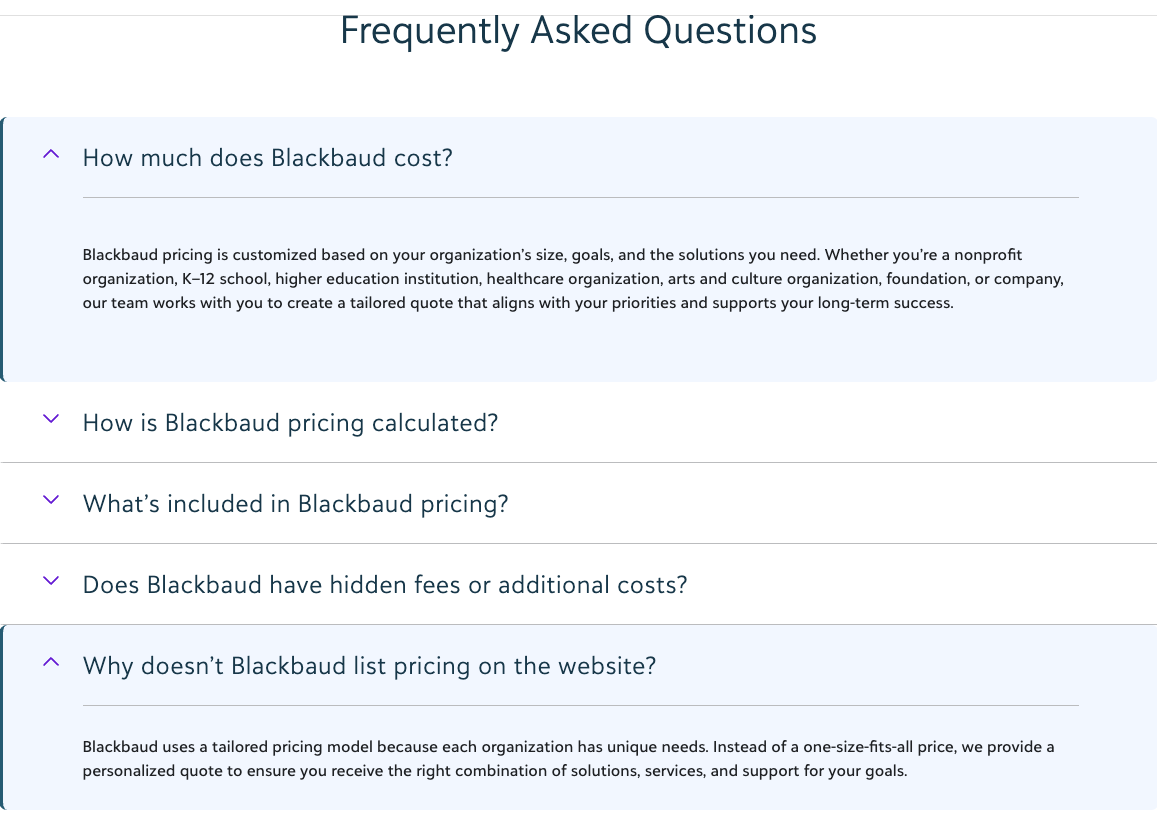 Blackbaud's own pricing page FAQ on 3 September 2026, answering how much Blackbaud costs and why no price is listed, with no figure given