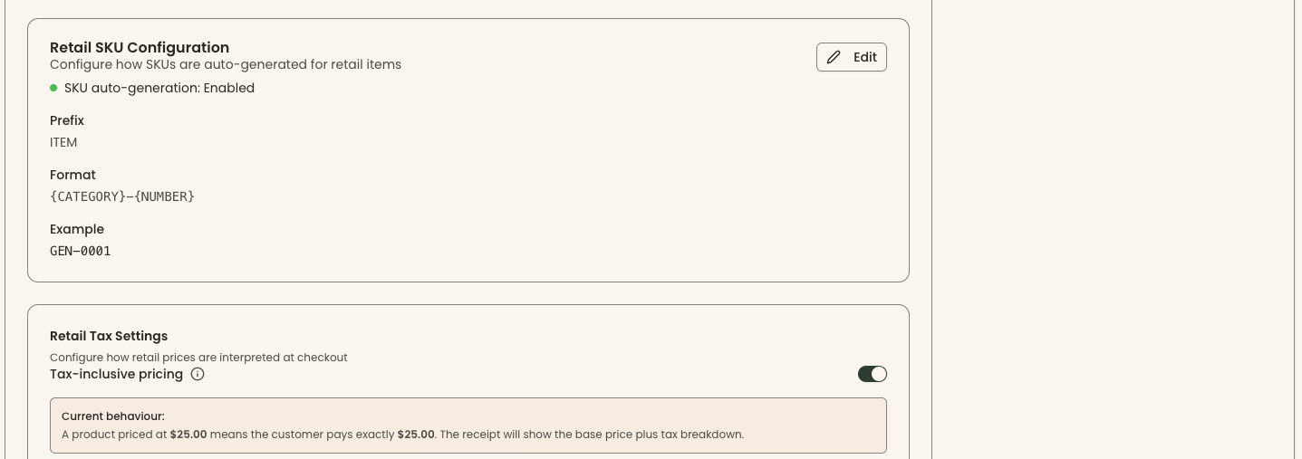Clerestory retail tax settings showing a tax-inclusive pricing toggle and an explanation that a product priced at $25.00 means the customer pays exactly $25.00, with the receipt showing base price plus tax breakdown