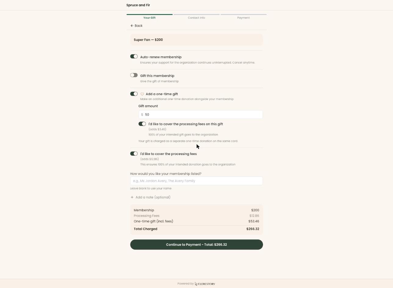 A Clerestory membership checkout with auto-renewal switched on and a one-time gift added, showing separate fee coverage for the gift, the on-screen note that the gift is charged as a separate one-time donation on the same card, and an order summary itemizing membership, processing fees and gift