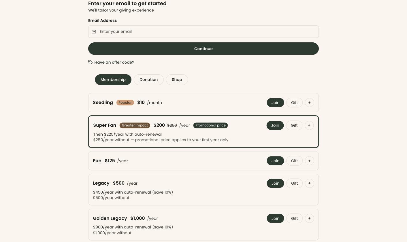 The Clerestory embed form's membership tab, showing five tiers with monthly and annual pricing, auto-renewal savings on the higher tiers, and Join or Gift on every row