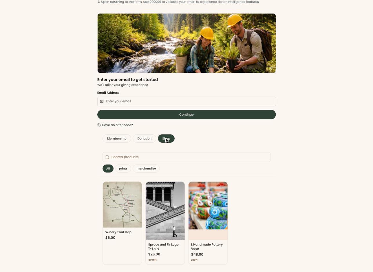 The Clerestory embed form's shop tab, showing product search, category filters, and product cards with prices and remaining stock counts
