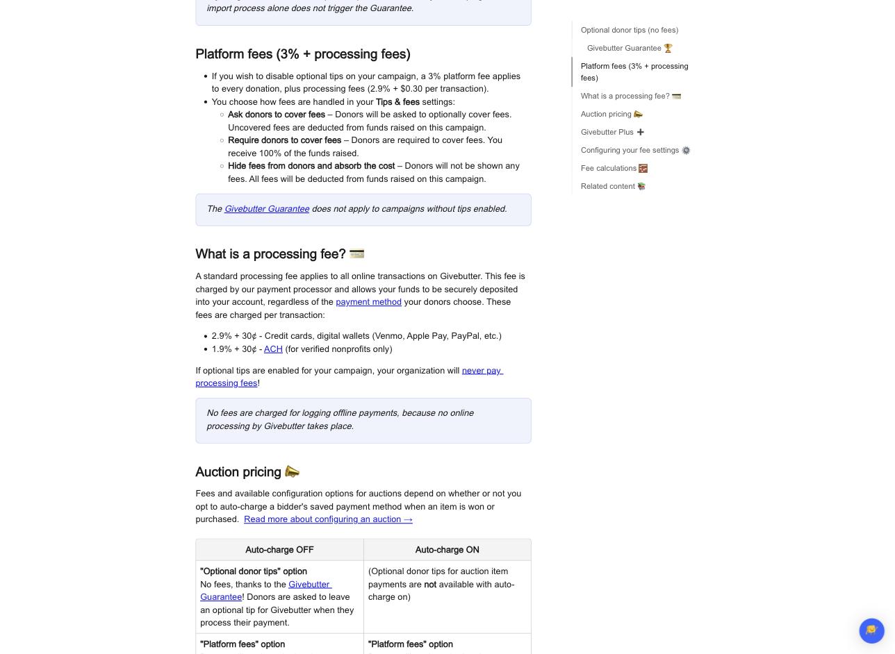 Givebutter's help center pricing article showing that disabling optional tips applies a 3% platform fee plus 2.9% + $0.30 processing, and the three ways processing fees can be handled