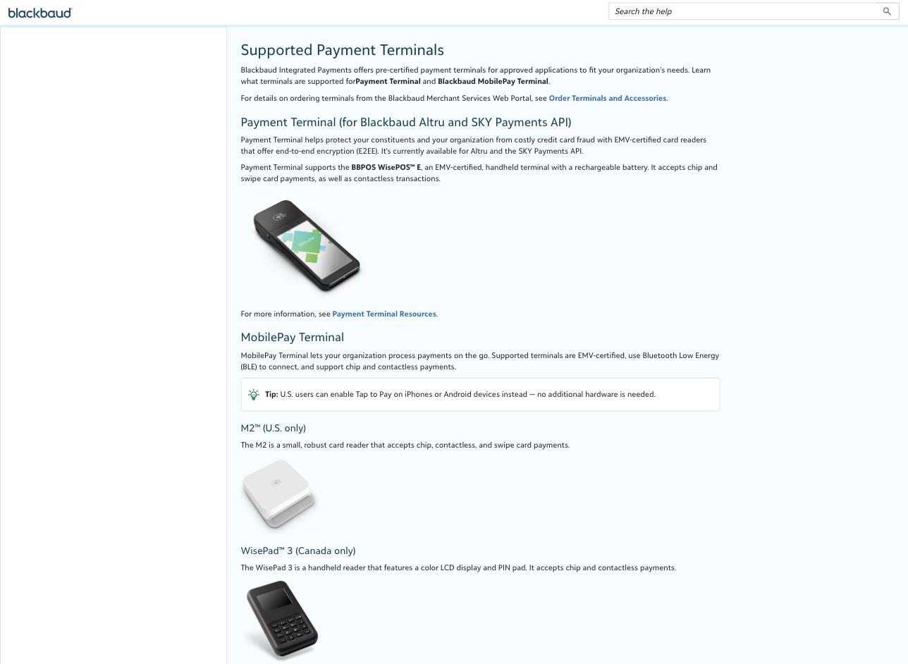 Blackbaud's Supported Payment Terminals page, headed Payment Terminal for Blackbaud Altru and SKY Payments API, stating that it is currently available for Altru and the SKY Payments API