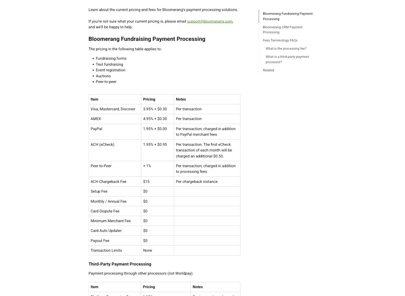 Bloomerang's payment processing pricing table for Bloomerang Fundraising, showing 3.95% + $0.30 for Visa, Mastercard and Discover and 4.95% + $0.30 for American Express