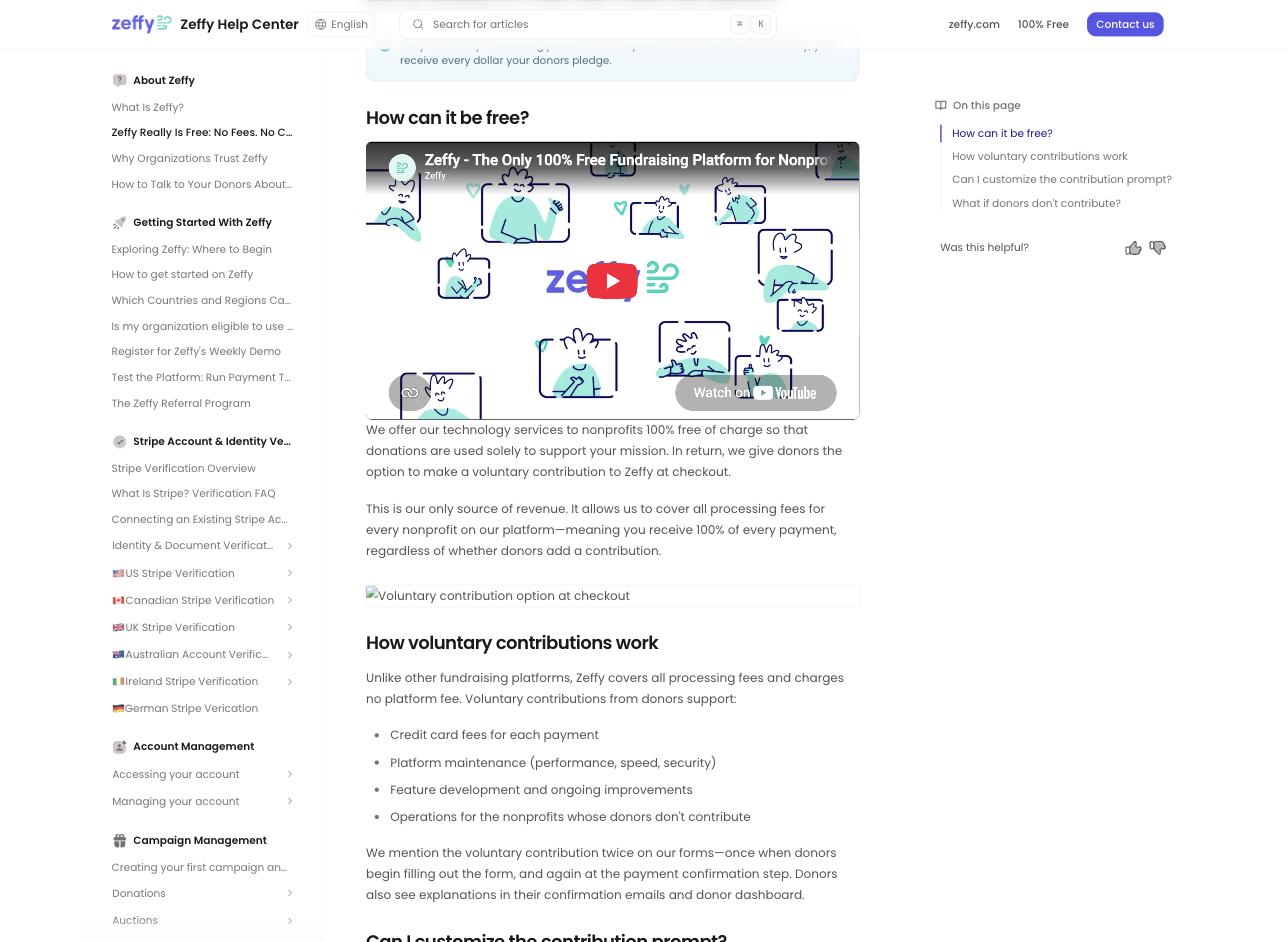 Zeffy's help center page titled How can it be free, explaining that Zeffy covers all processing fees and is funded by an optional contribution donors are asked for twice on every form