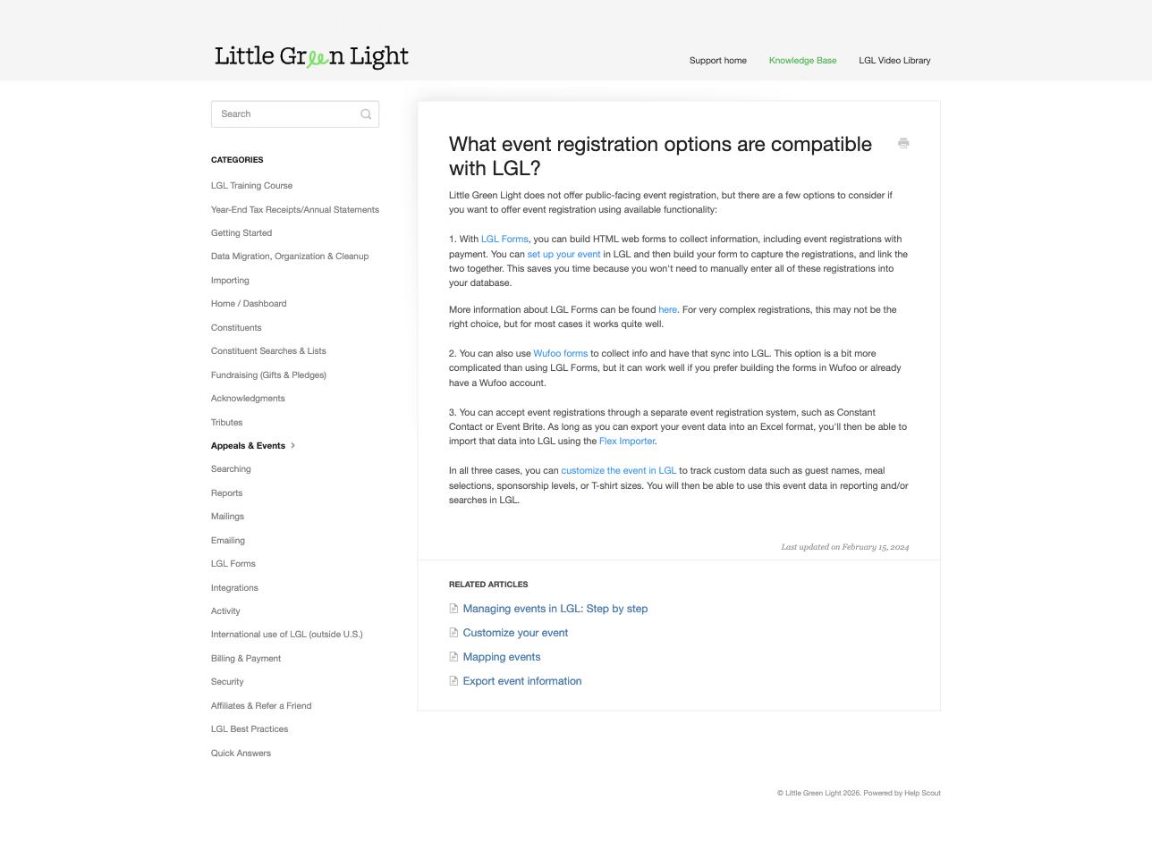 Little Green Light's knowledge base article stating that Little Green Light does not offer public-facing event registration, followed by three suggested workarounds