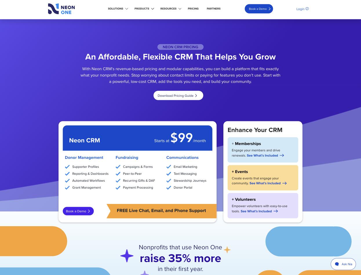 Neon One's own Neon CRM pricing page, showing Neon CRM starting at $99 per month with free live chat, email and phone support, alongside an Enhance Your CRM panel offering Memberships, Events and Volunteers as separately priced add-on modules