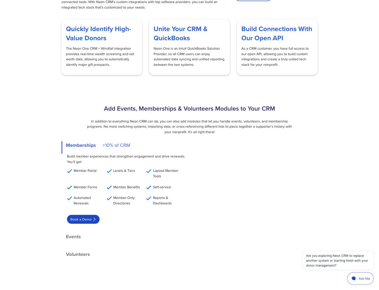 Neon One's pricing page module section, showing the Memberships module priced at +10% of CRM and listing Member Portal, Levels and Tiers, Lapsed Member Tools, Member Forms, Member Benefits, Self-service, Automated Renewals, Member-Only Directories and Reports and Dashboards