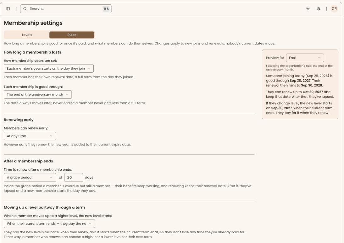 Clerestory's membership rules settings, where an organization sets how its memberships renew, expire and upgrade