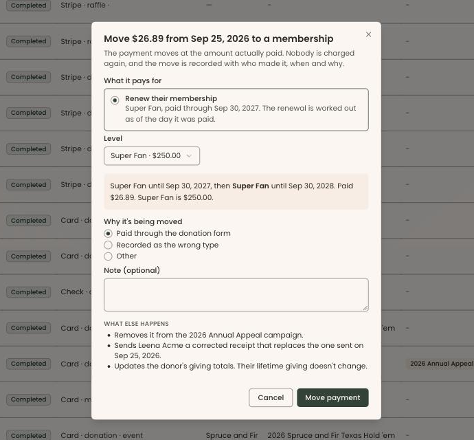 Clerestory's dialog for moving a $26.89 donation to a membership, renewing the member's Super Fan level, with the reason Paid through the donation form and a summary of what else happens, including a corrected receipt