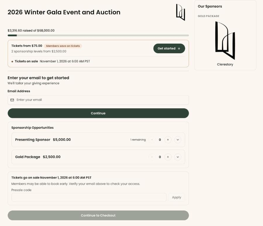 A Winter Gala event page built in Clerestory, with ticket options and the event details