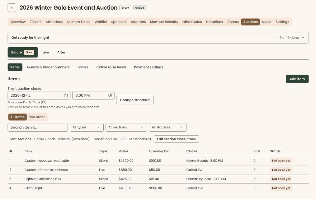 The Auctions tab for a demo Winter Gala in Clerestory, showing Before, Live and After, the silent auction closing time, silent sections and four items with their type, value, opening bid and closing time