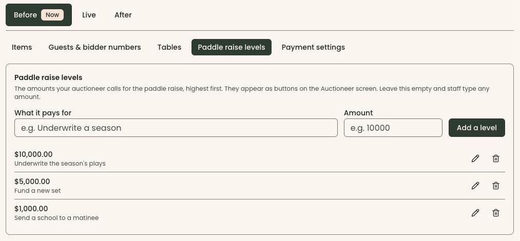 Clerestory's Paddle raise levels screen with three levels: $10,000.00 to underwrite the season's plays, $5,000.00 to fund a new set and $1,000.00 to send a school to a matinee