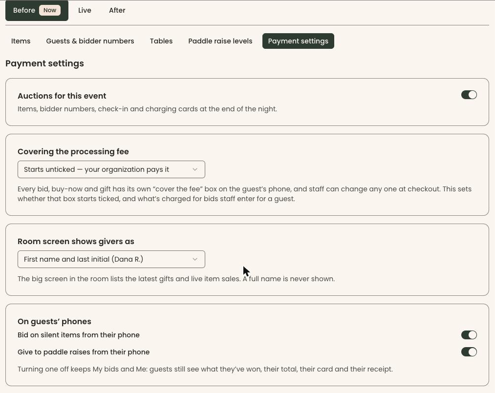Clerestory's auction payment settings, covering whether the fee box starts ticked, how givers are named on the room screen, and toggles for bidding and giving from guests' phones