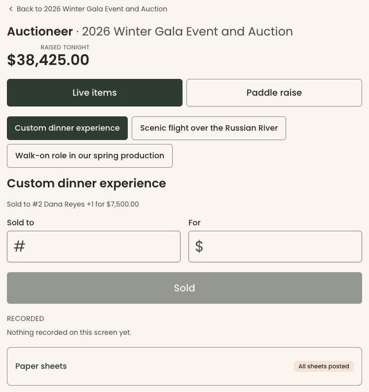 Clerestory's auctioneer screen on the Live items tab, showing $38,425.00 raised tonight, three live items, and the dinner sold to bidder 2, Dana Reyes, for $7,500.00