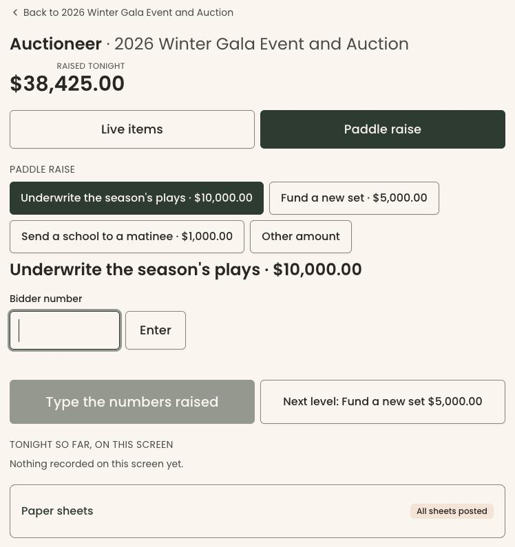 Clerestory's auctioneer screen during a paddle raise, recording pledges by bidder number