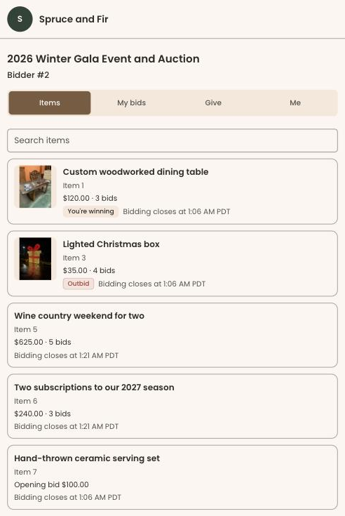 Clerestory's guest bidding screen on a phone, listing silent auction items with current bids