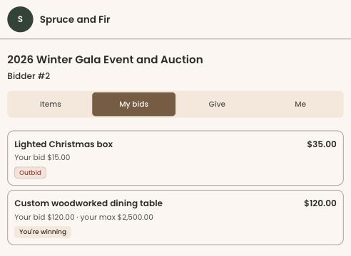 A guest's My bids tab showing one item where they are outbid and one where they are winning with a private maximum of $2,500.00