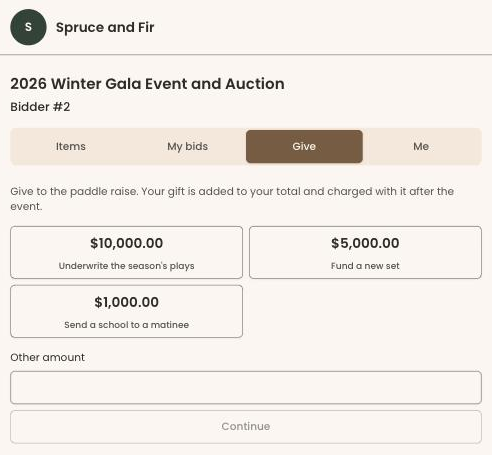 A guest's Give tab offering three paddle-raise levels and an other amount field