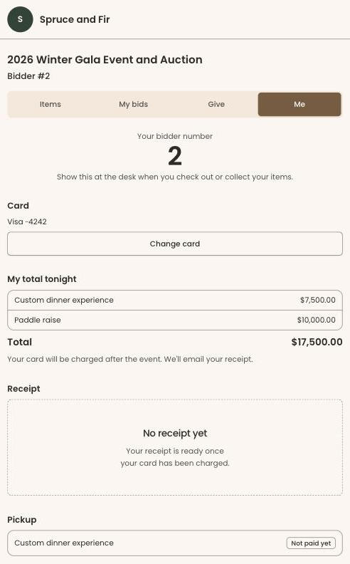 A guest's Me tab showing bidder number 2, a Visa card on file, a running total of $17,500.00 from a live item and a paddle-raise gift, a receipt placeholder and an item to pick up
