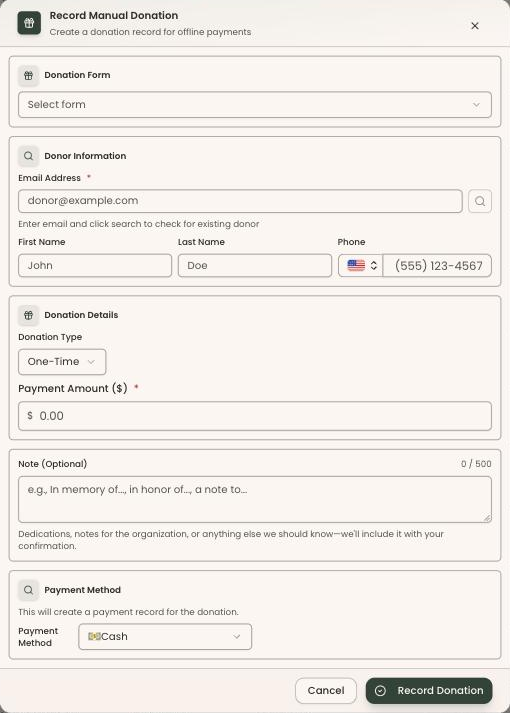 Clerestory's Record Manual Donation dialog, for entering a cash or check gift against a donor's record