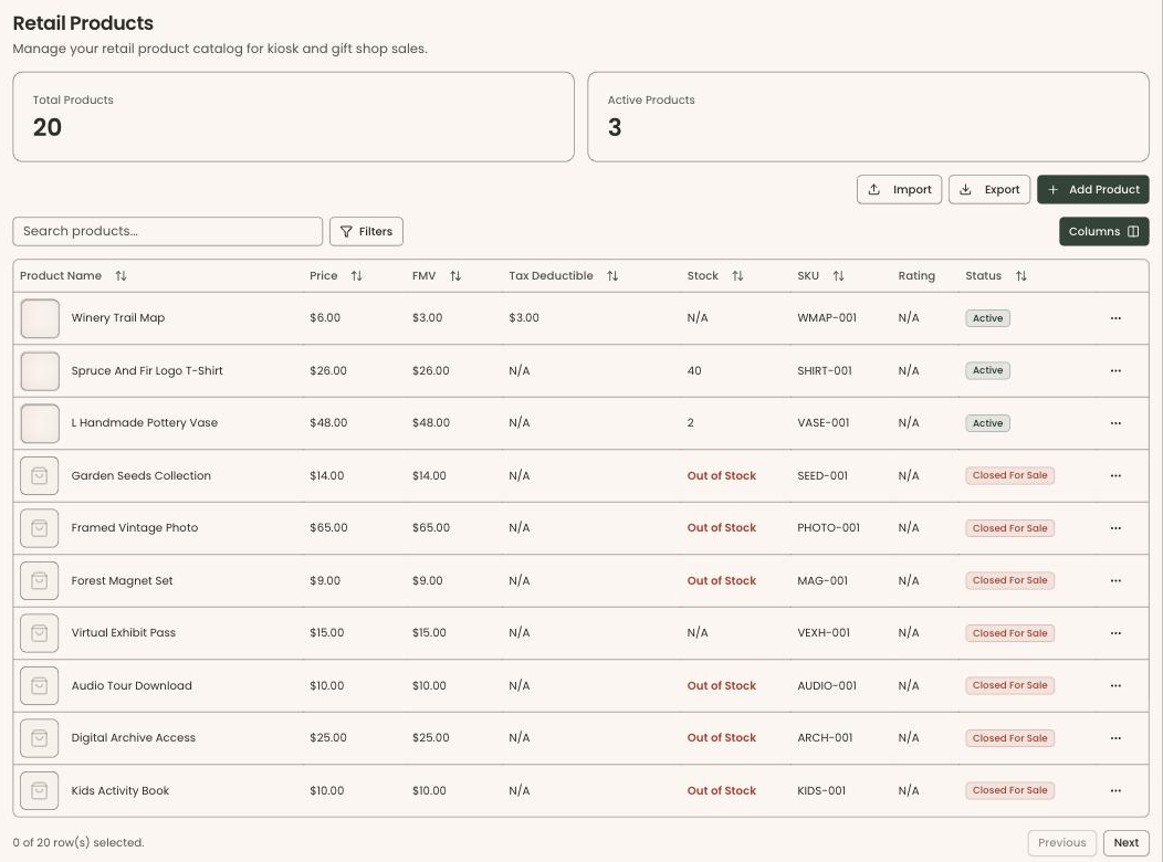 Clerestory's Retail Products screen, listing gift shop items with price, fair market value, stock and SKU
