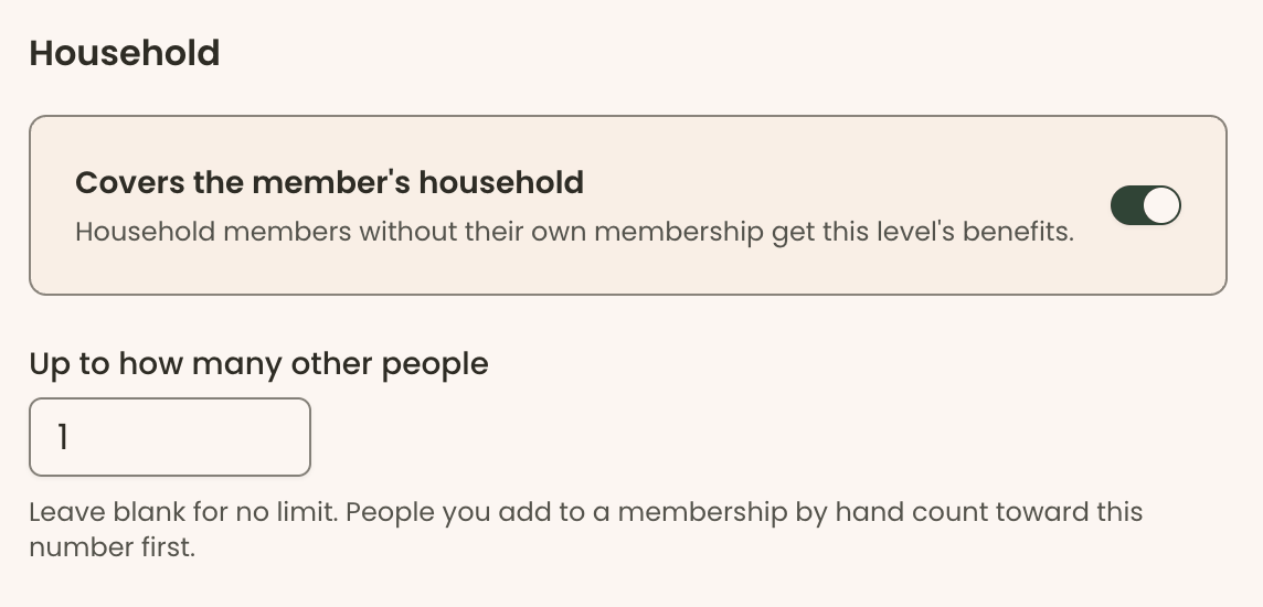 The Household setting on a Clerestory membership level, with Covers the member's household switched on and Up to how many other people set to 1
