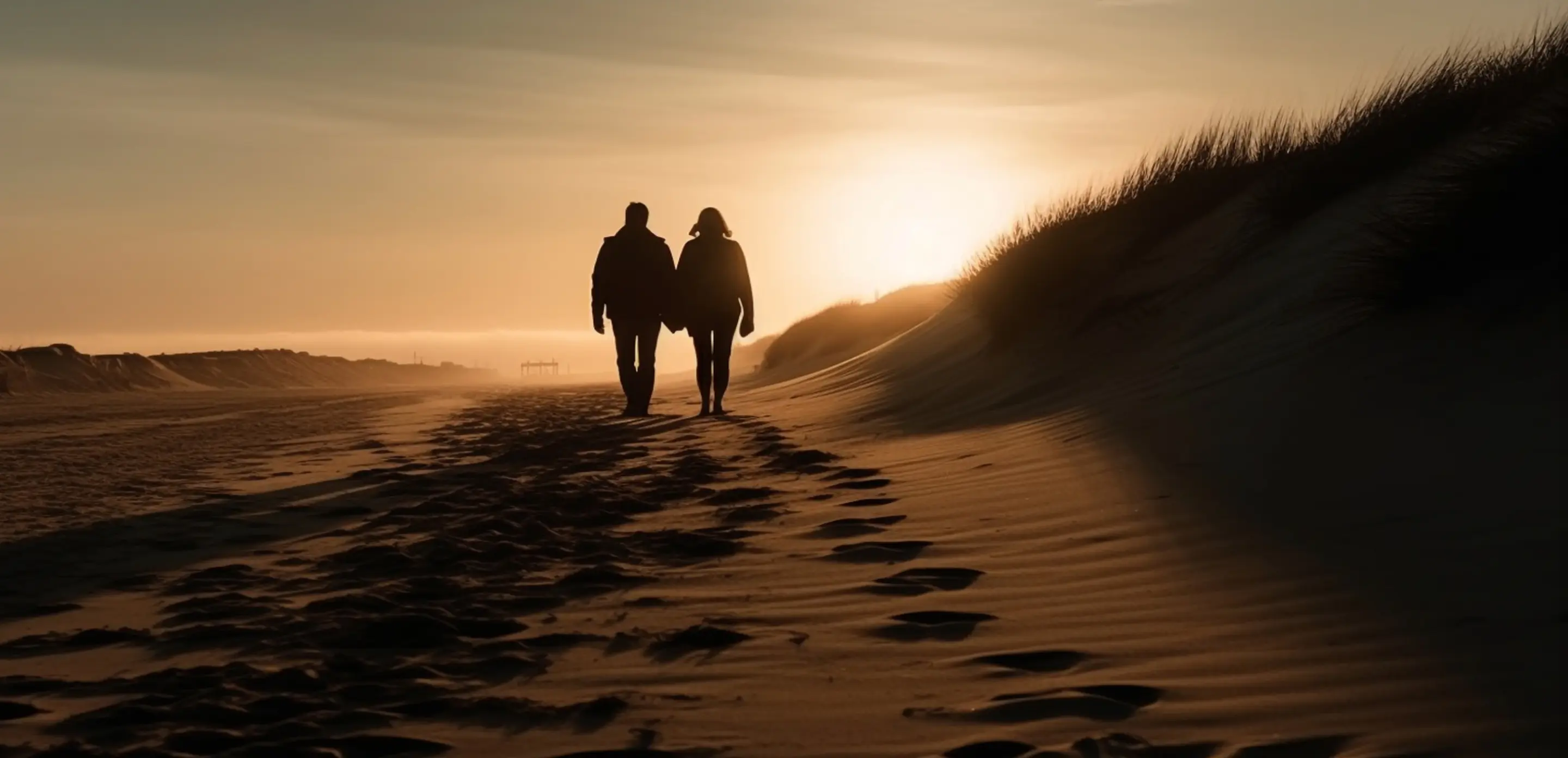 A couple of people walking down a sandy beach.