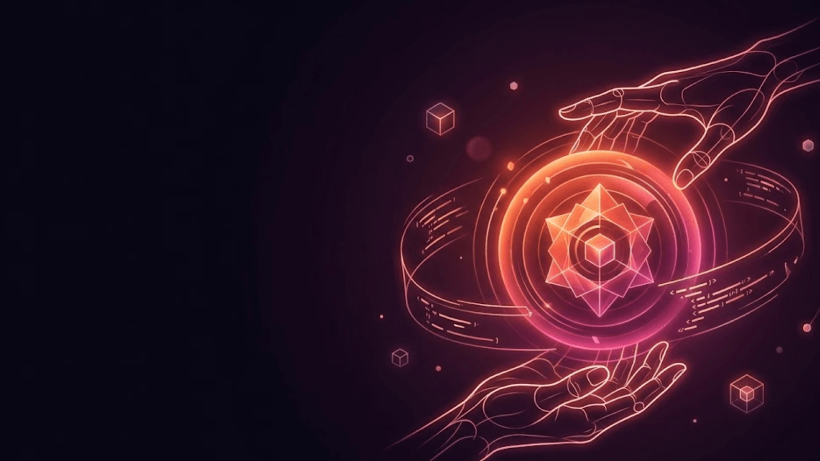 Two glowing line-art hands cradling a luminous geometric core wrapped in flowing code — AI-augmented software development