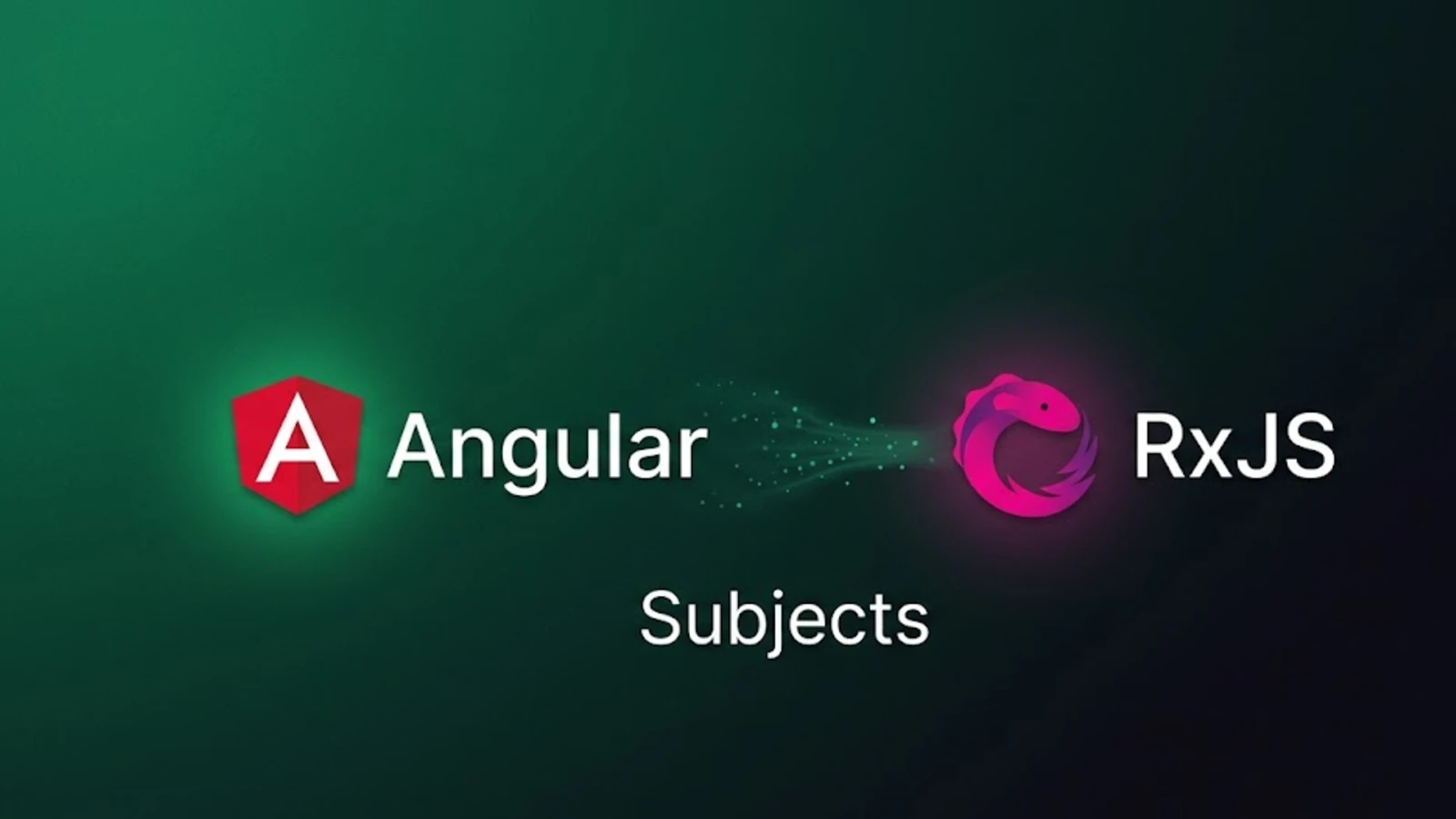 Angular and RxJS logos linked by a data stream, illustrating consuming async data in Angular with Subjects