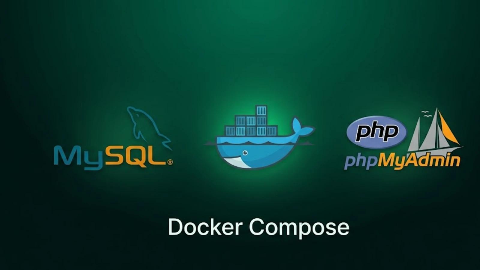 MySQL, Docker, and phpMyAdmin logos, illustrating a MySQL and phpMyAdmin setup with Docker Compose