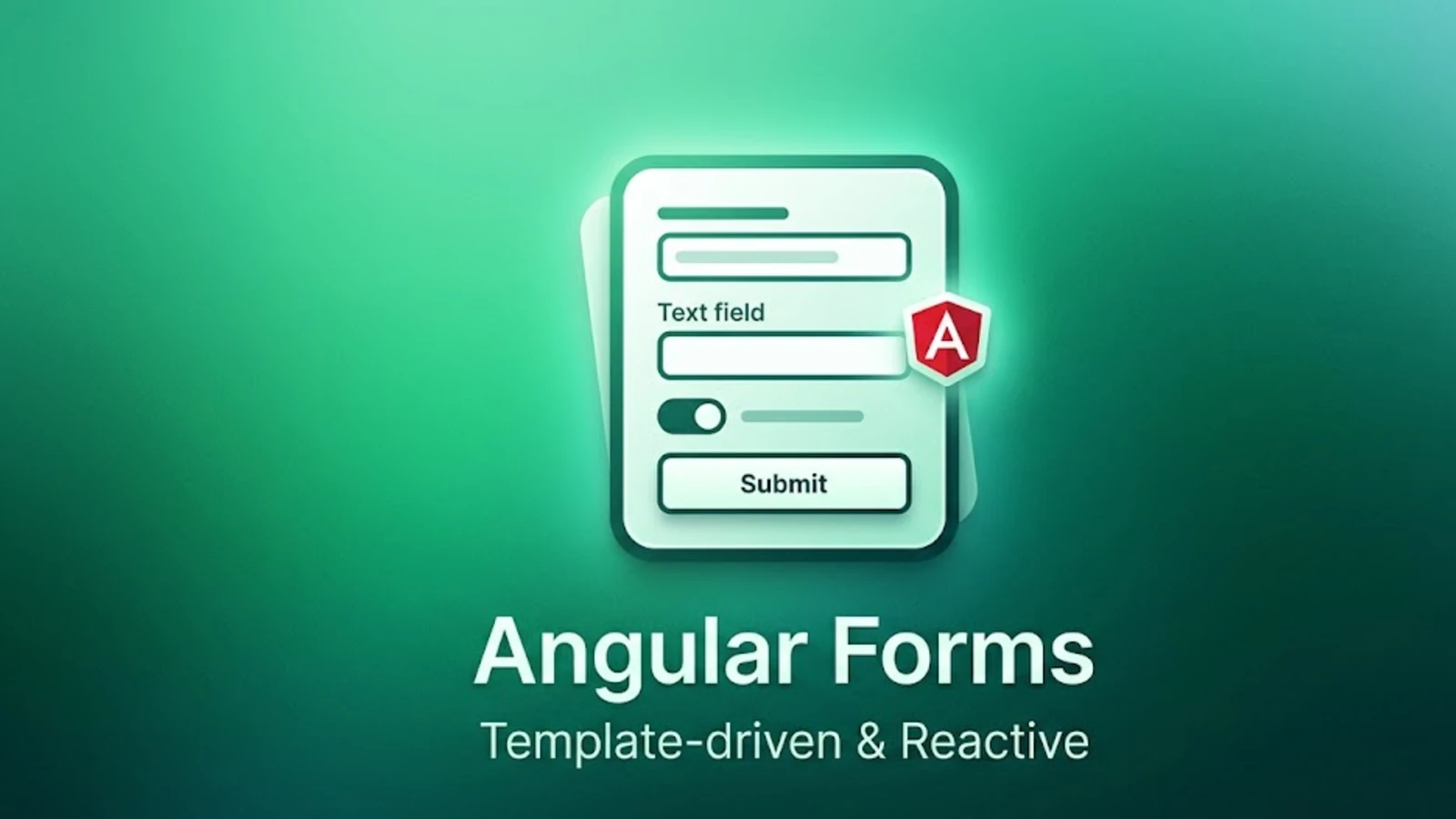 A form with input fields and a submit button beside the Angular logo, illustrating forms in Angular