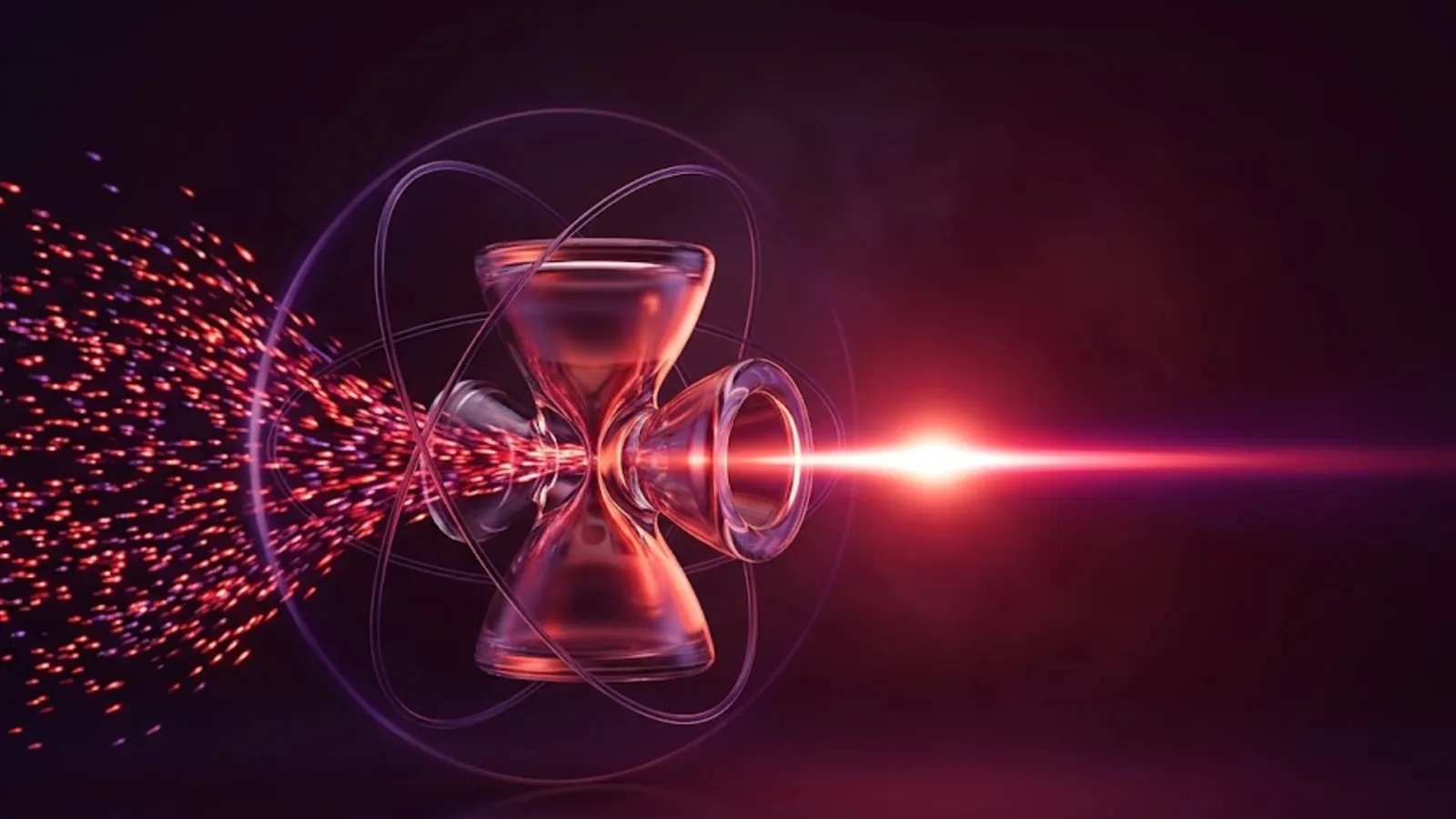 Crimson 3D illustration of a rapid particle stream funnelling through an hourglass gate ringed by a React atom orbit, emitting one clean pulse — how debounce collapses many React events into one