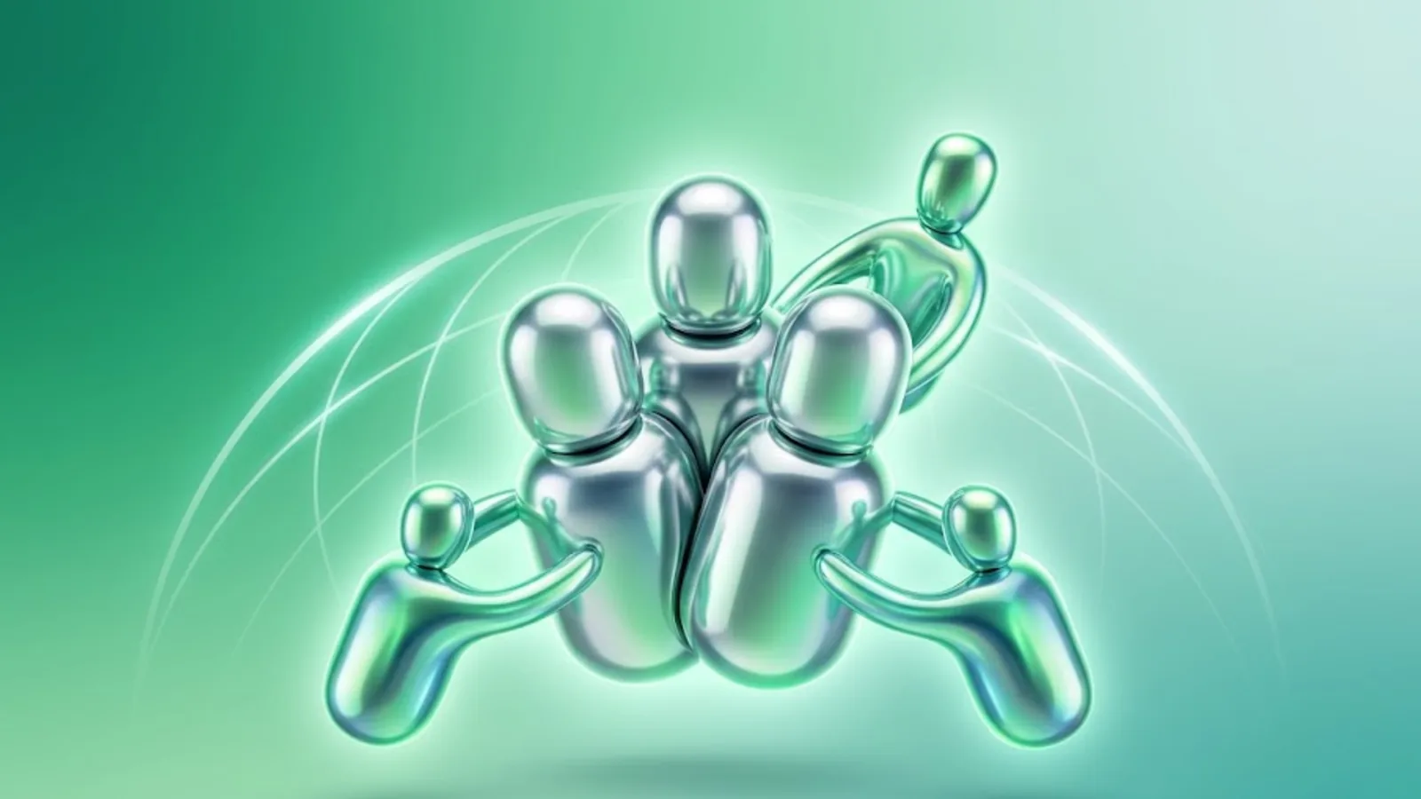 Emerald chrome illustration of a core cluster of figure tokens gaining extra members with global longitude arcs behind — staff augmentation extending an engineering team with global talent