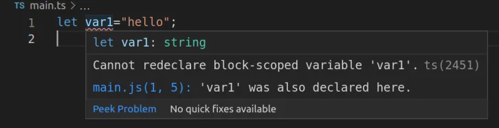 VS Code showing the TypeScript error Cannot redeclare block-scoped variable var1, ts 2451, pointing at a second declaration in main.js