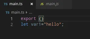 The same main.ts file with export {} added above the let declaration, which clears the error