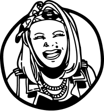 Black and white illustration of a smiling woman with a headband and layered necklaces inside a circle.