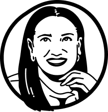 Black and white stylized portrait of a smiling woman with long hair resting her chin on her hand.