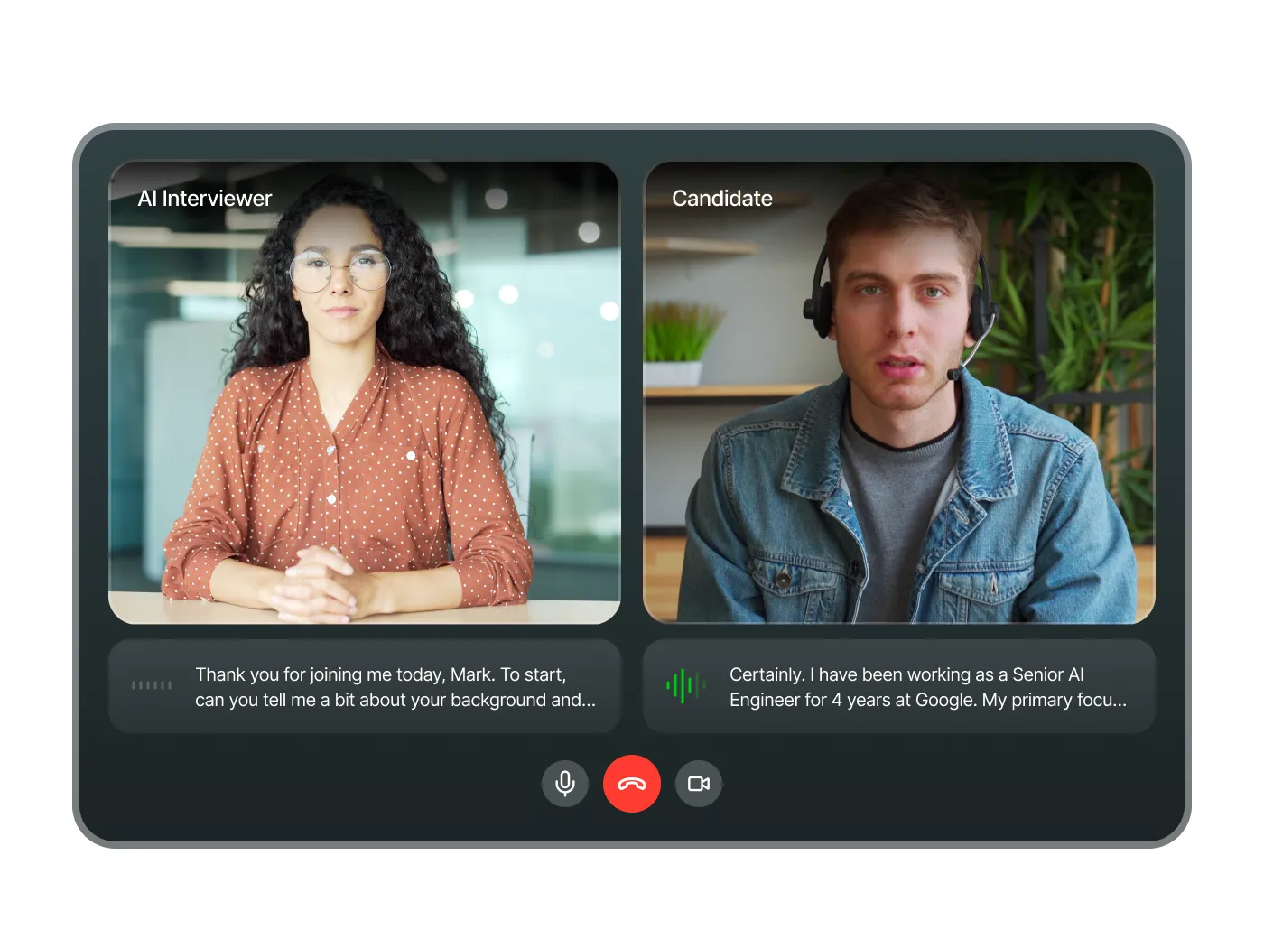 Video call screen showing a woman labeled AI Interviewer and a man labeled Candidate in separate video windows during a virtual interview.