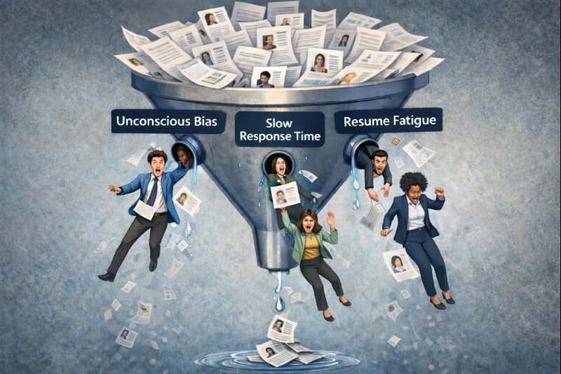 Visualization of hiring funnel with candidates dropping off unexpectedly due to recruiter bias, slow response time and resume fatigue