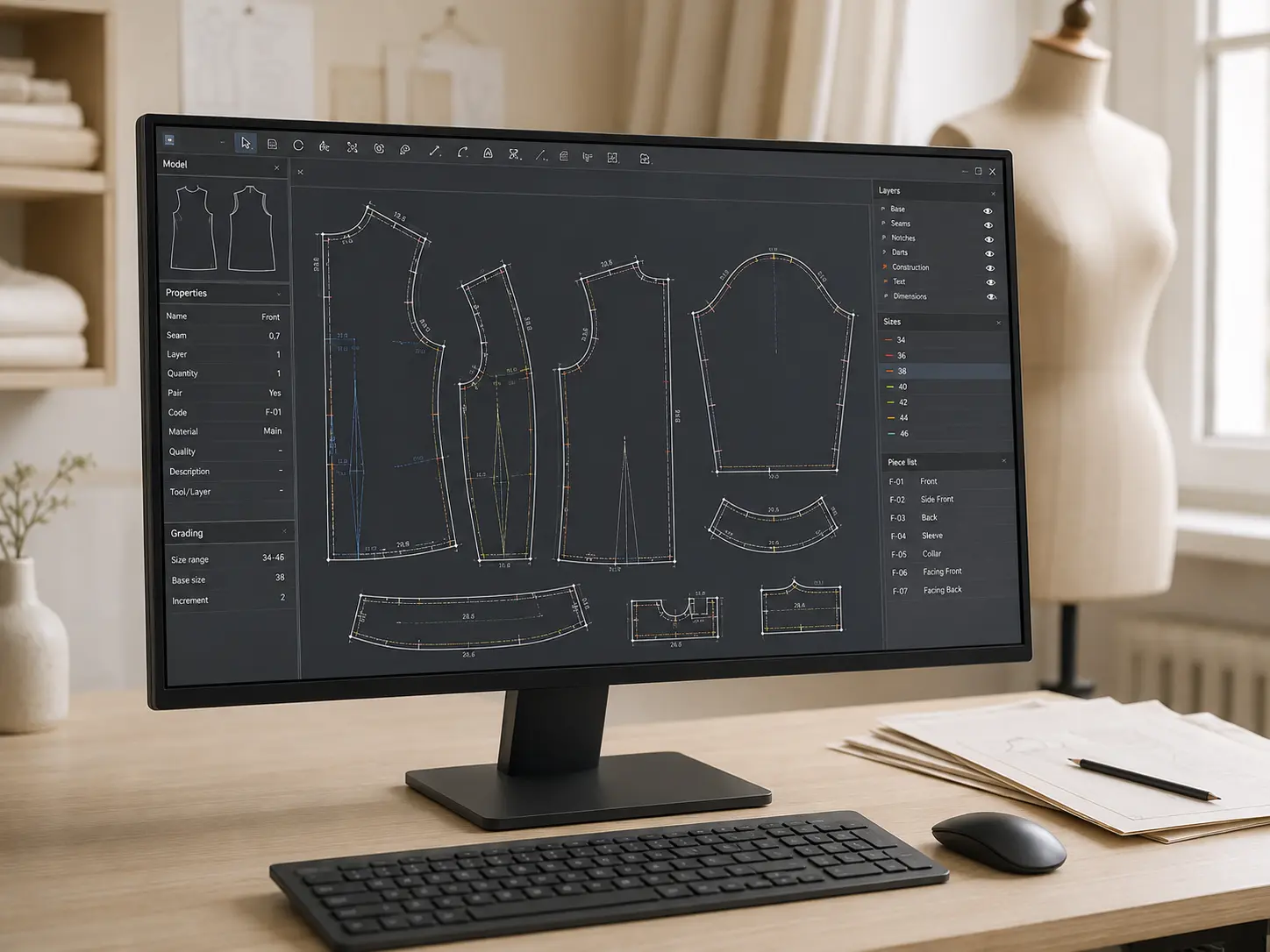 Digitized sewing pattern imported as DXF in CAD software